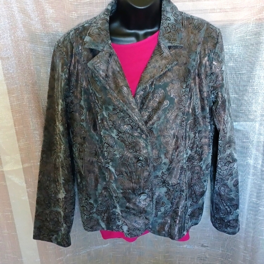 Erin London Shimmer 3 Button Blazer Large EUC, blue/Gray with dark copper